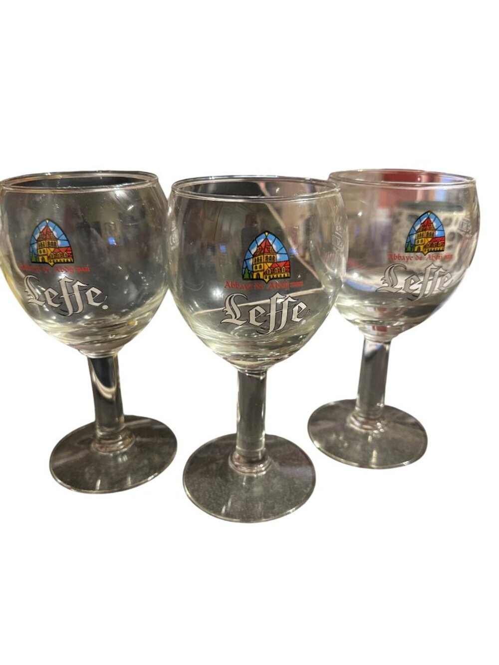 Set Of 3 Leffe Beer Glasses 25cl Stemmed Abbaye Stained Glass Logo Durable Colle